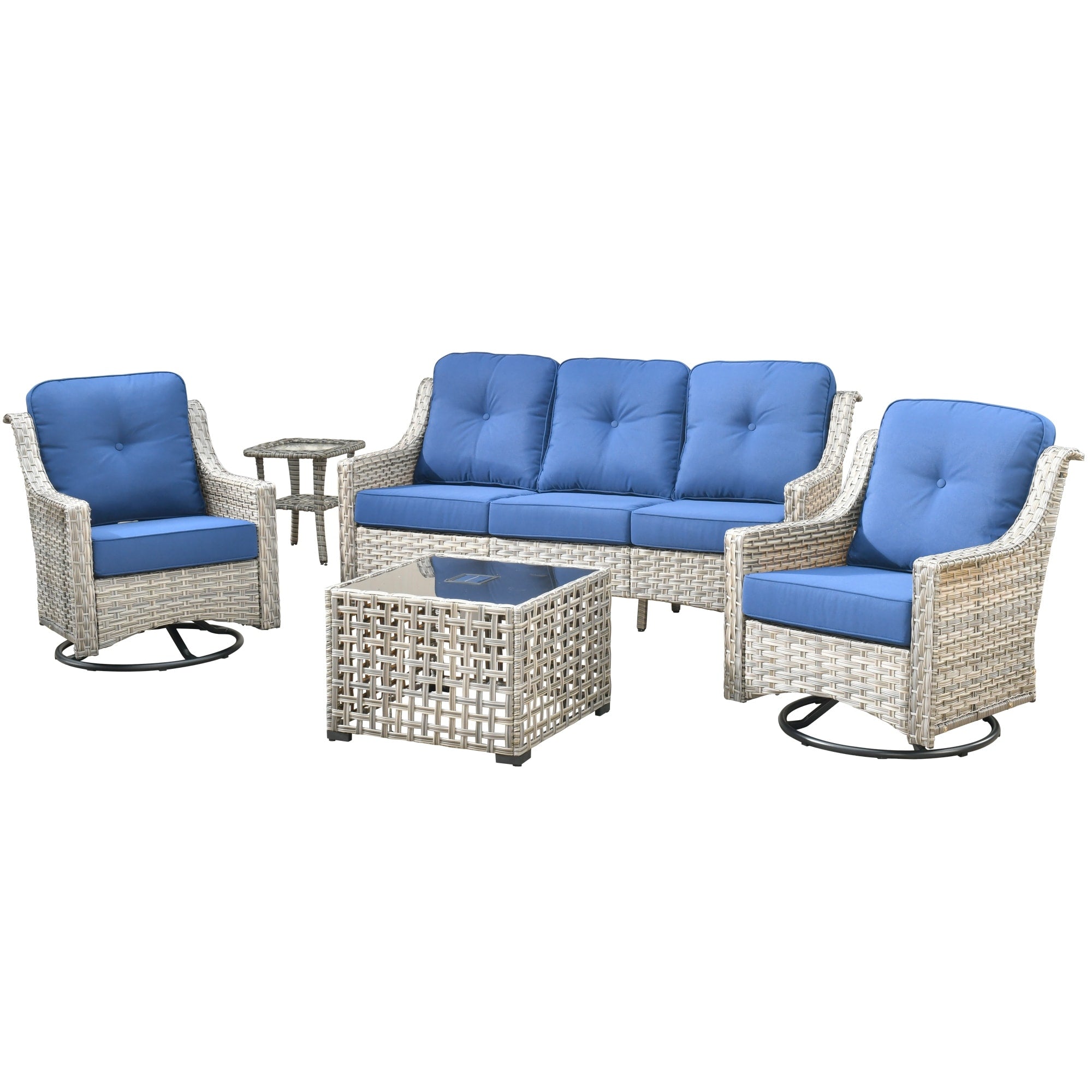 Ensemble de conversation d'extérieur HOOOWOOO 5 pièces en rotin avec chaise pivotante et table basse
