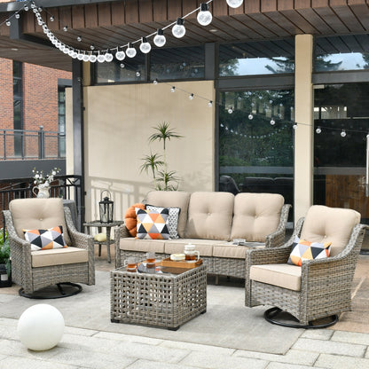 Ensemble de conversation d'extérieur HOOOWOOO 5 pièces en rotin avec chaise pivotante et table basse
