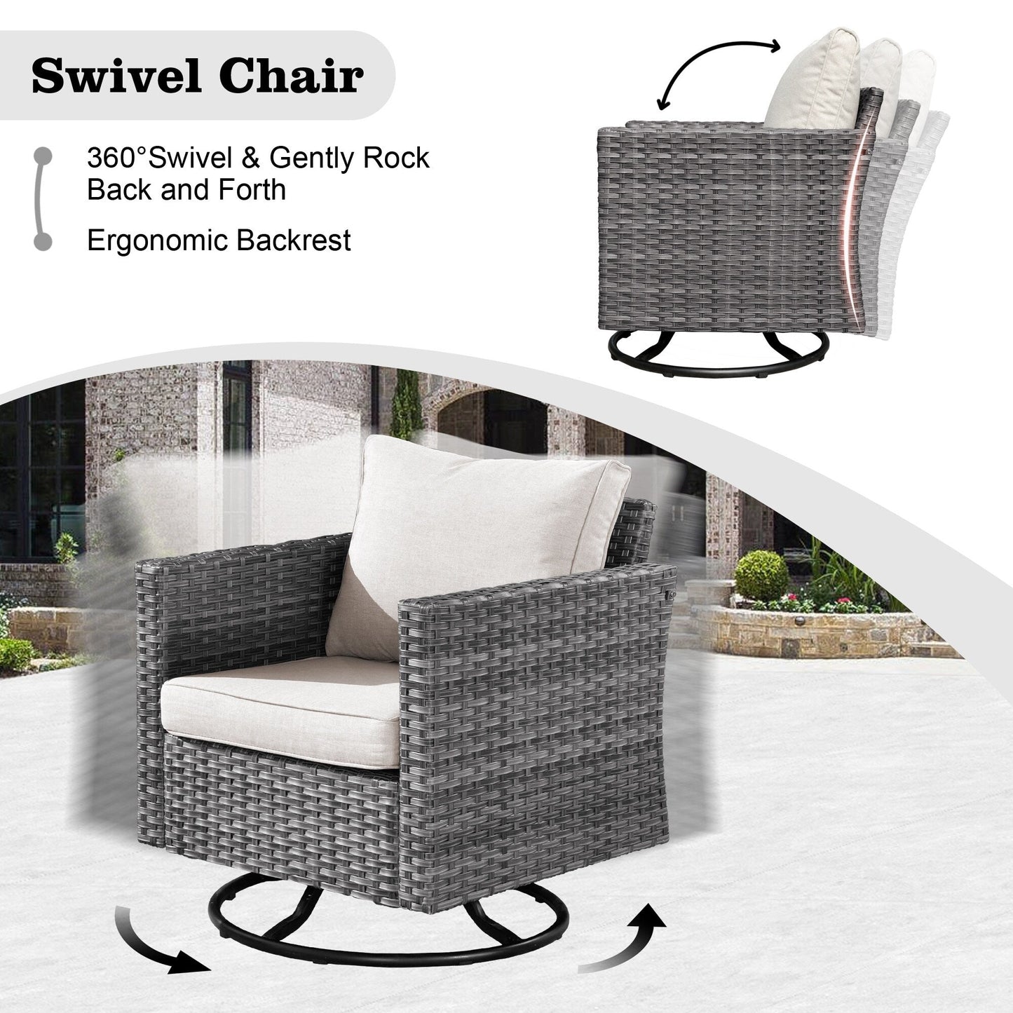 Ensemble de salon de jardin HOOOWOOO en osier gris 9 pièces avec fauteuil à bascule pivotant