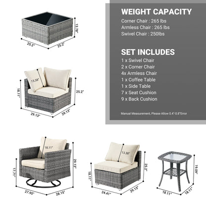 Ensemble de salon de jardin HOOOWOOO en osier gris 9 pièces avec fauteuil à bascule pivotant