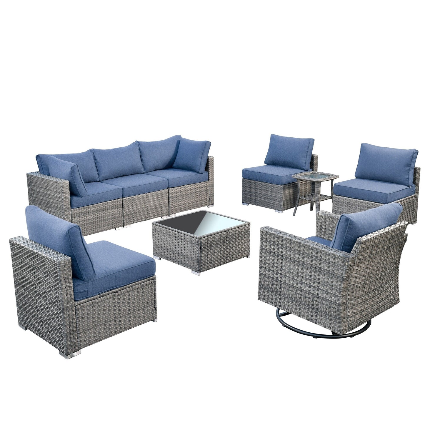 Ensemble de salon de jardin HOOOWOOO en osier gris 9 pièces avec fauteuil à bascule pivotant