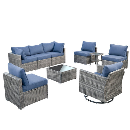 Ensemble de salon de jardin HOOOWOOO en osier gris 9 pièces avec fauteuil à bascule pivotant