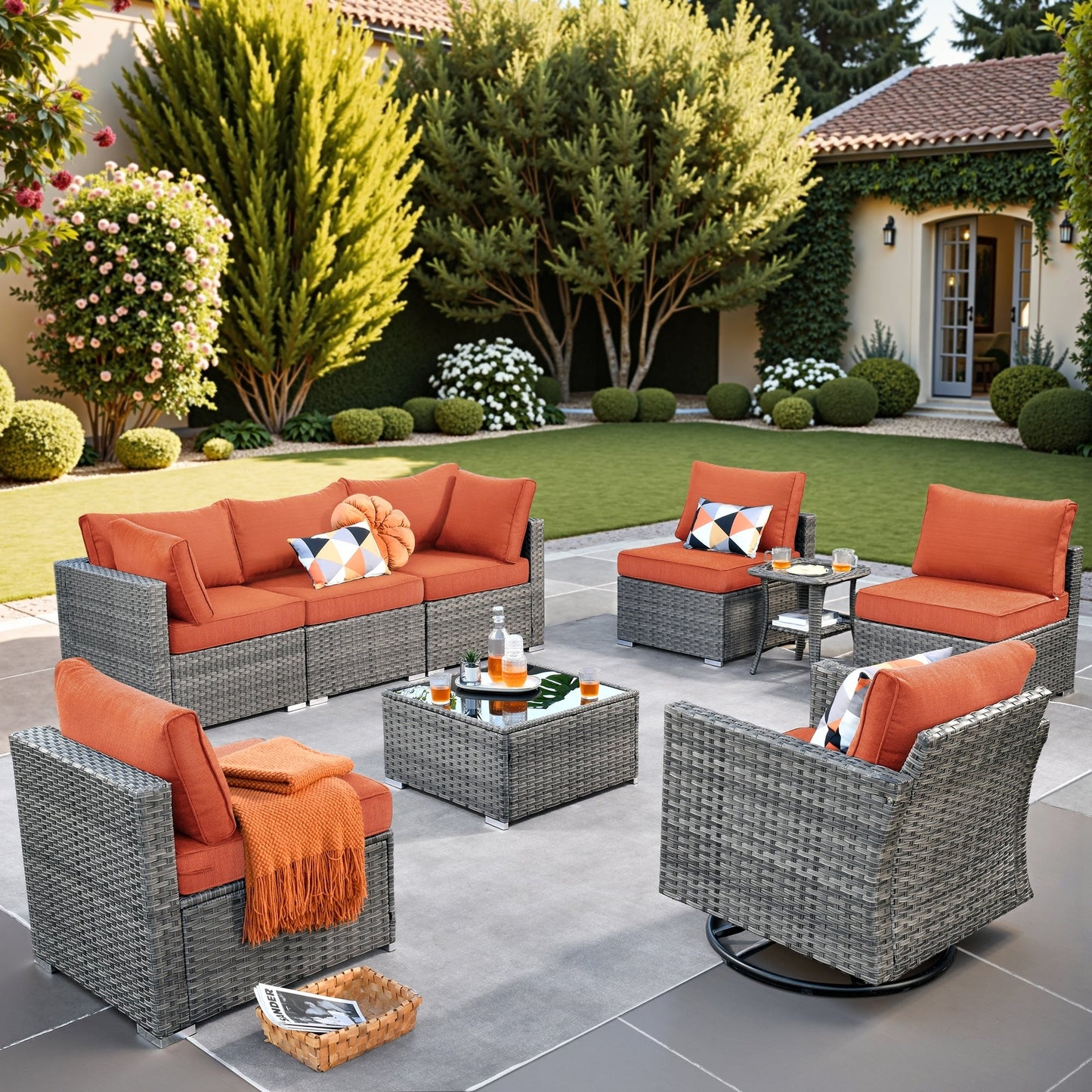 Ensemble de salon de jardin HOOOWOOO en osier gris 9 pièces avec fauteuil à bascule pivotant