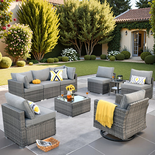 Ensemble de salon de jardin HOOOWOOO en osier gris 9 pièces avec fauteuil à bascule pivotant