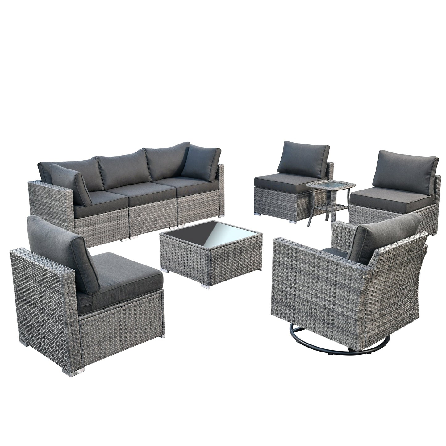 Ensemble de salon de jardin HOOOWOOO en osier gris 9 pièces avec fauteuil à bascule pivotant