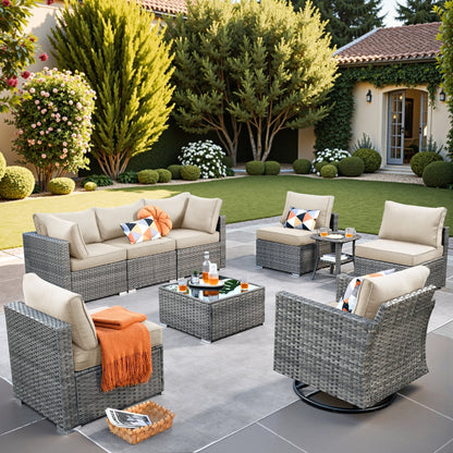 Ensemble de salon de jardin HOOOWOOO en osier gris 9 pièces avec fauteuil à bascule pivotant