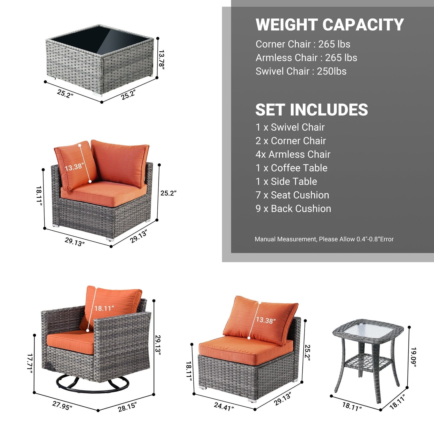 Ensemble de salon de jardin HOOOWOOO en osier gris 9 pièces avec fauteuil à bascule pivotant