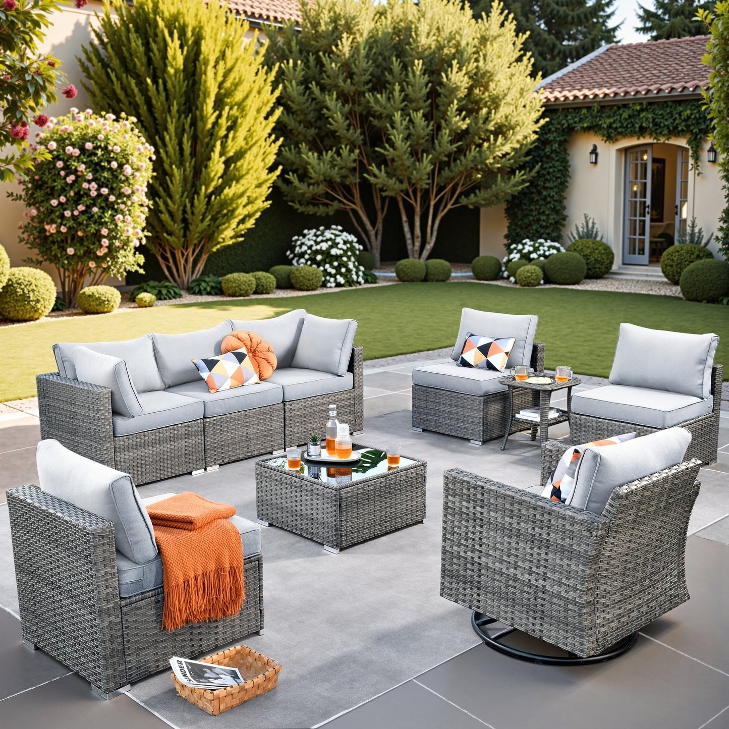 Ensemble de salon de jardin HOOOWOOO en osier gris 9 pièces avec fauteuil à bascule pivotant