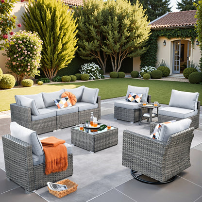 Ensemble de salon de jardin HOOOWOOO en osier gris 9 pièces avec fauteuil à bascule pivotant