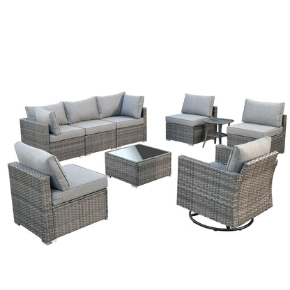 Ensemble de salon de jardin HOOOWOOO en osier gris 9 pièces avec fauteuil à bascule pivotant