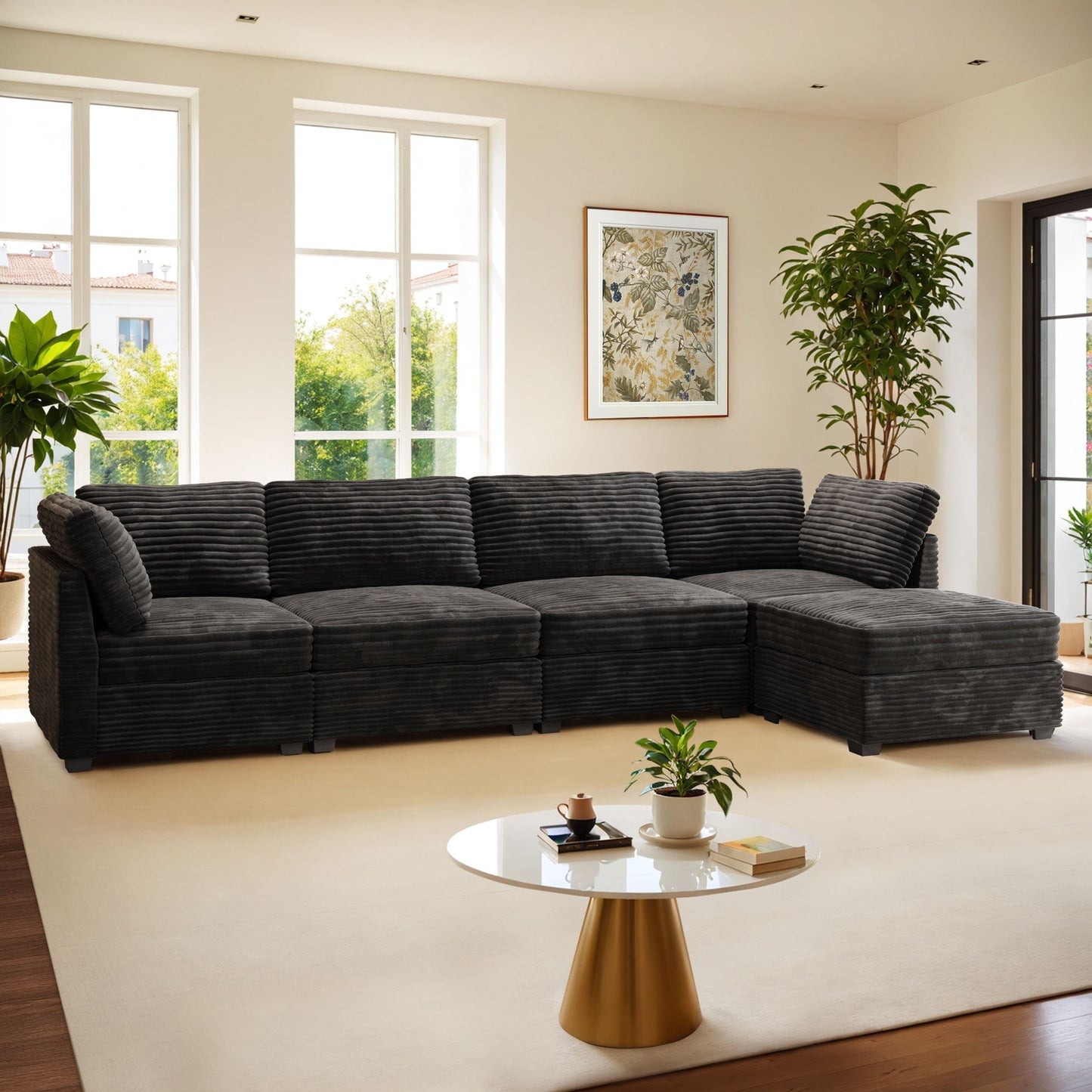 Canapé modulaire en velours côtelé avec pouf pour salon HOOOWOOO