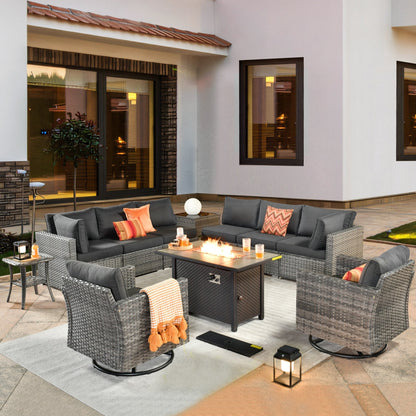 Ensemble de meubles d'extérieur en rotin et osier HOOOWOOO 11 pièces, chaises pivotantes avec foyer