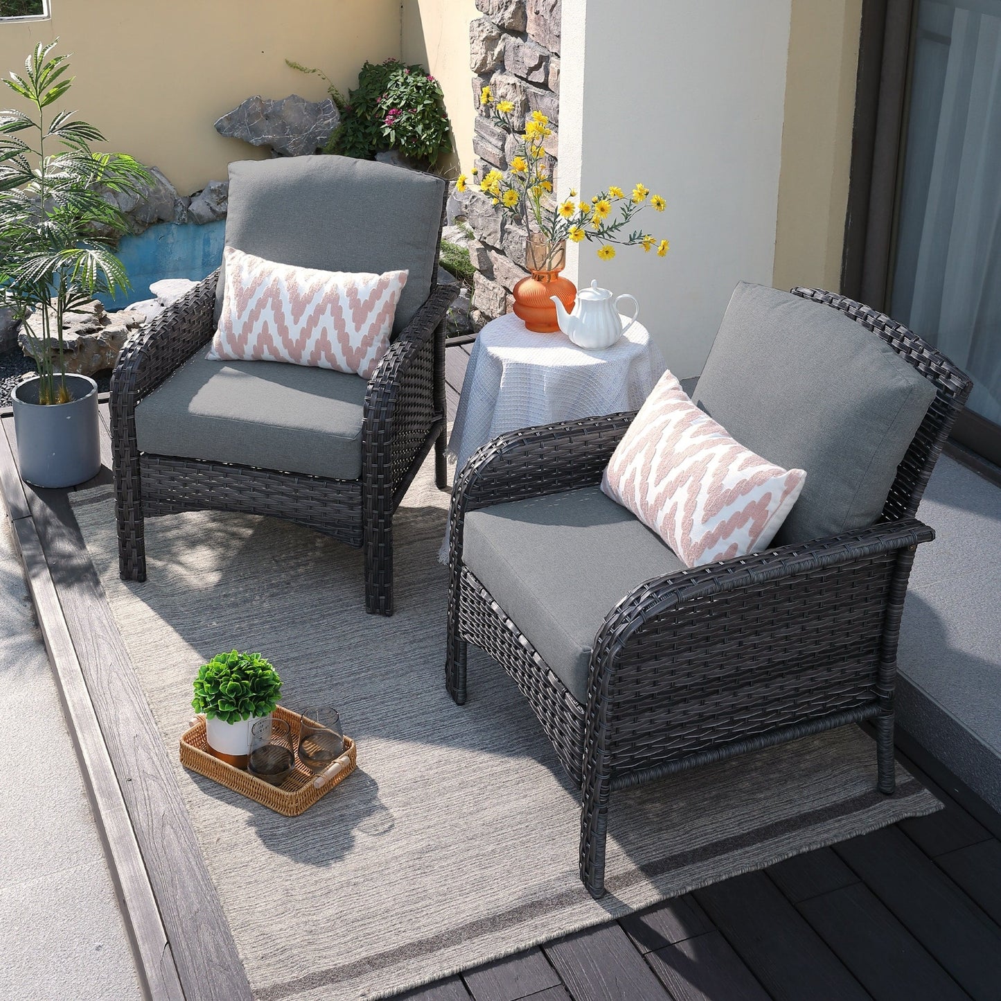 Ensemble de 2 chaises de jardin en rotin et osier HOOOWOOO