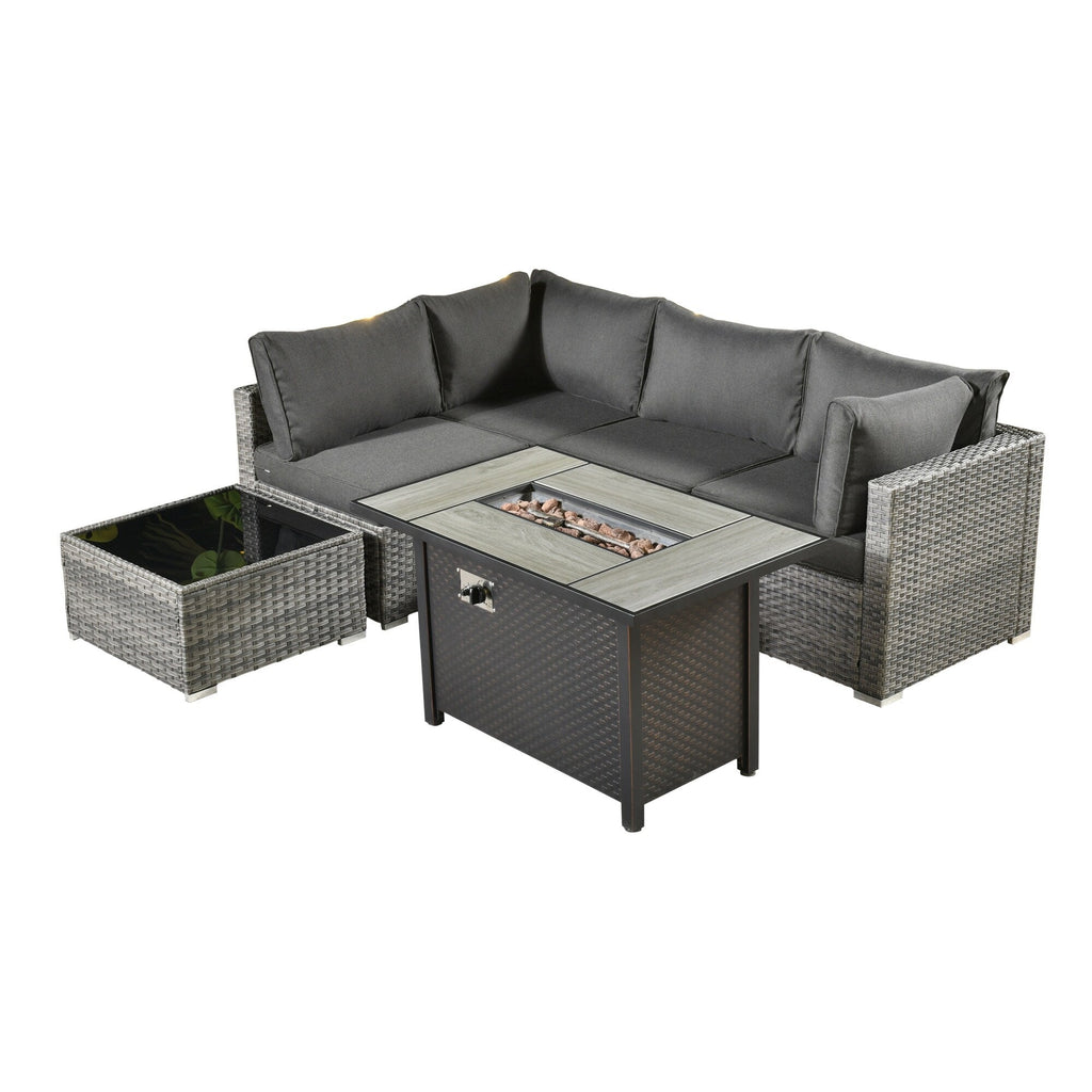 Ensemble de jardin sectionnel en rotin HOOOWOOO 6 pièces avec table et foyer