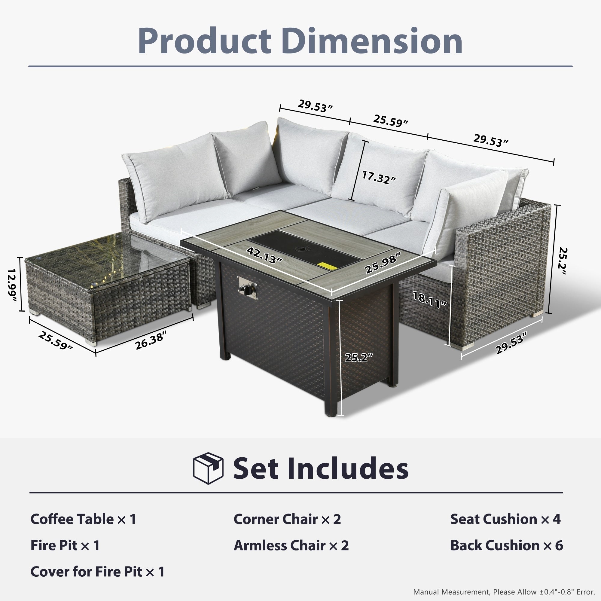 Ensemble de jardin sectionnel en rotin HOOOWOOO 6 pièces avec table et foyer