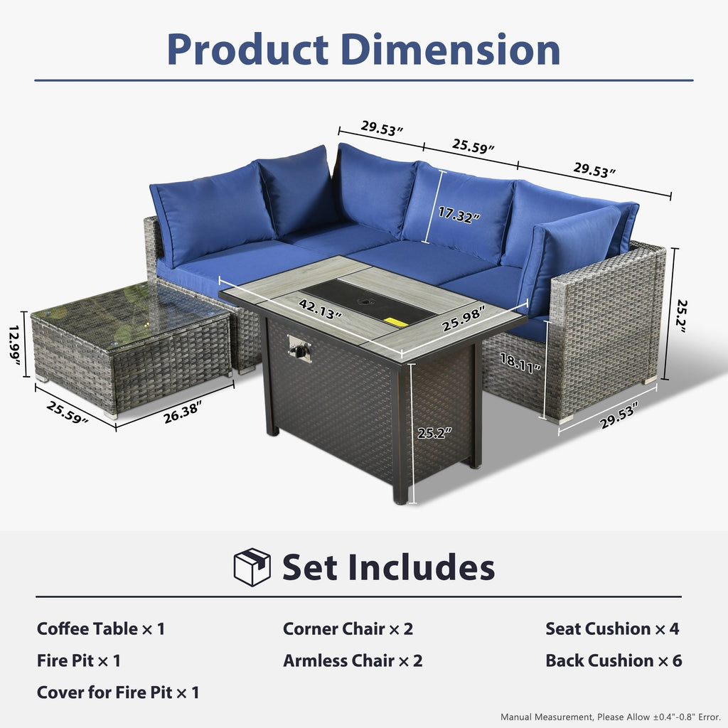 Ensemble de jardin sectionnel en rotin HOOOWOOO 6 pièces avec table et foyer
