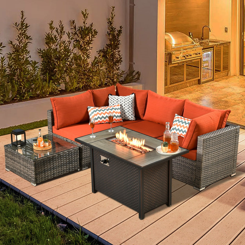 Ensemble de jardin sectionnel en rotin HOOOWOOO 6 pièces avec table et foyer