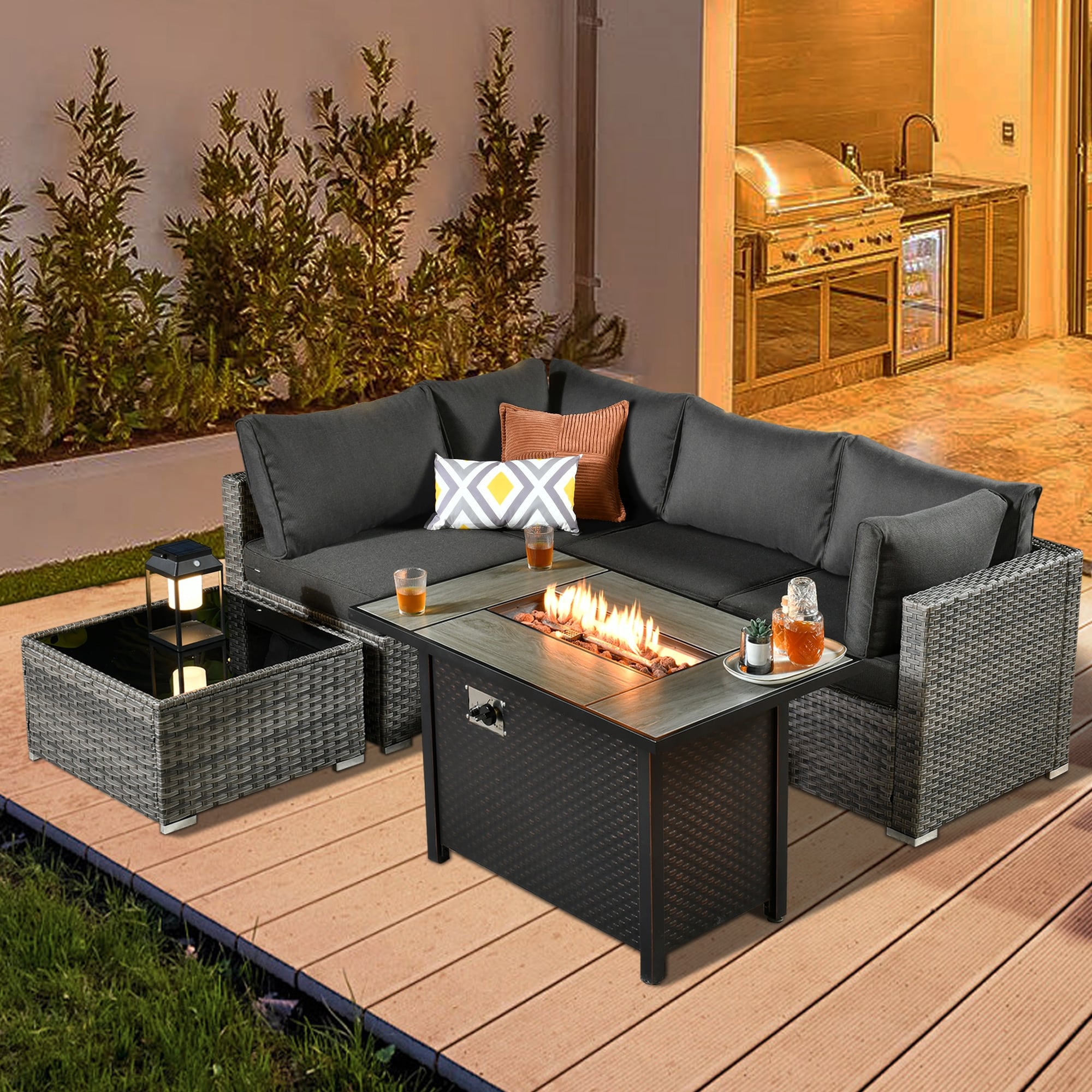 Ensemble de jardin sectionnel en rotin HOOOWOOO 6 pièces avec table et foyer