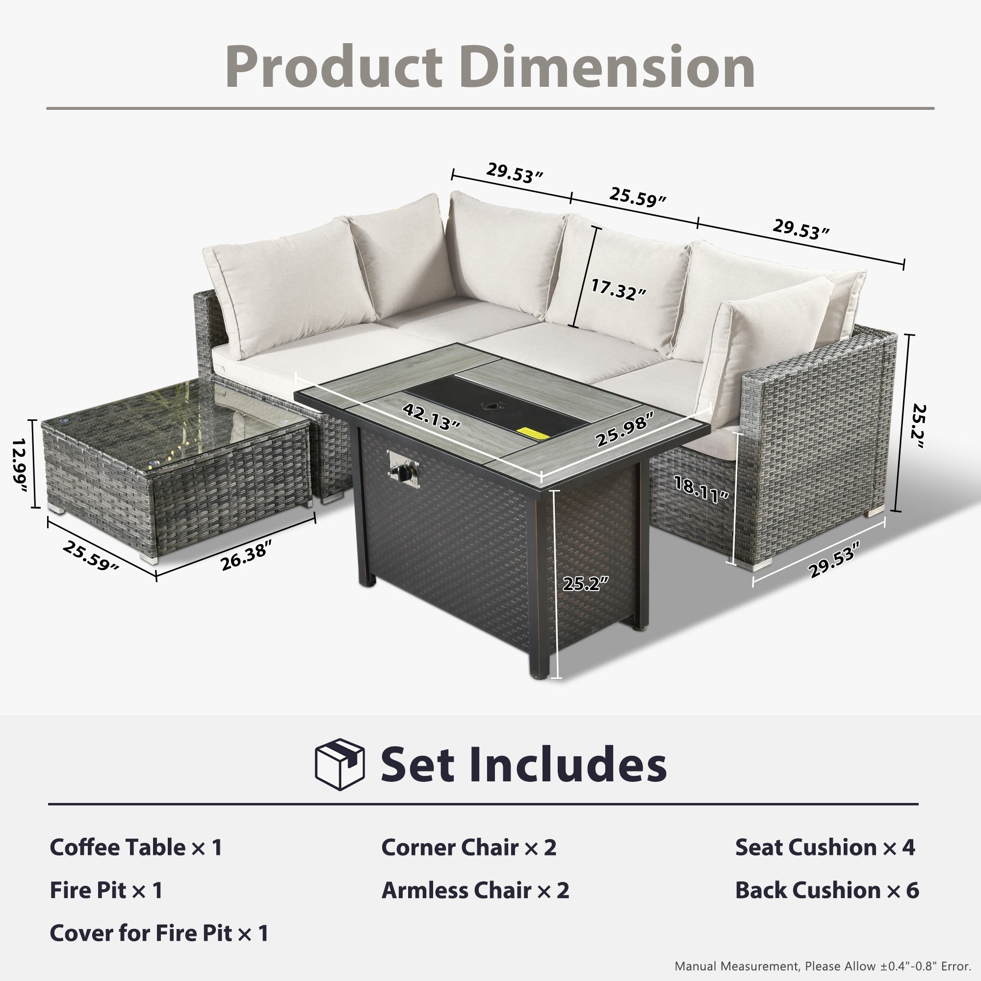 Ensemble de jardin sectionnel en rotin HOOOWOOO 6 pièces avec table et foyer
