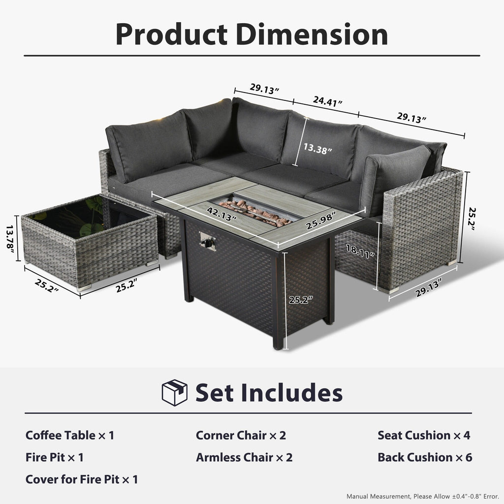 Ensemble de jardin sectionnel en rotin HOOOWOOO 6 pièces avec table et foyer