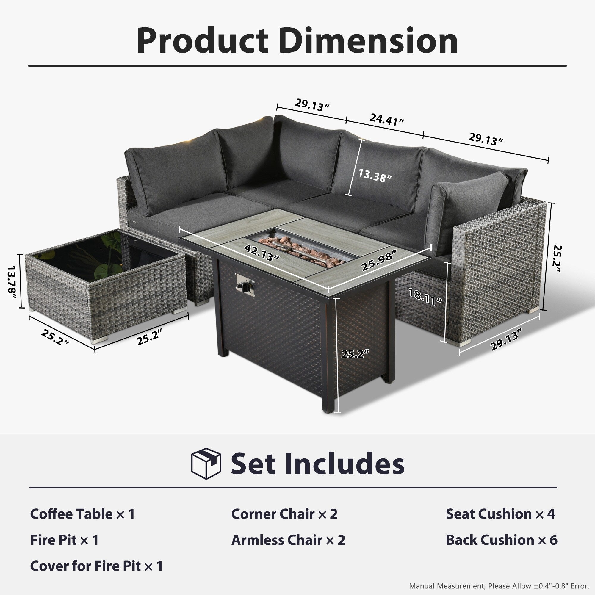 Ensemble de jardin sectionnel en rotin HOOOWOOO 6 pièces avec table et foyer