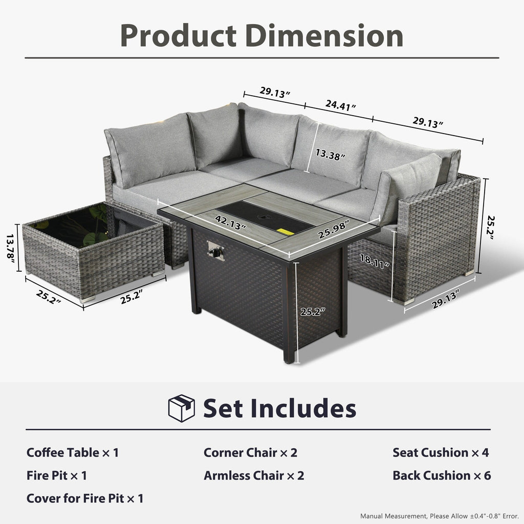 Ensemble de jardin sectionnel en rotin HOOOWOOO 6 pièces avec table et foyer