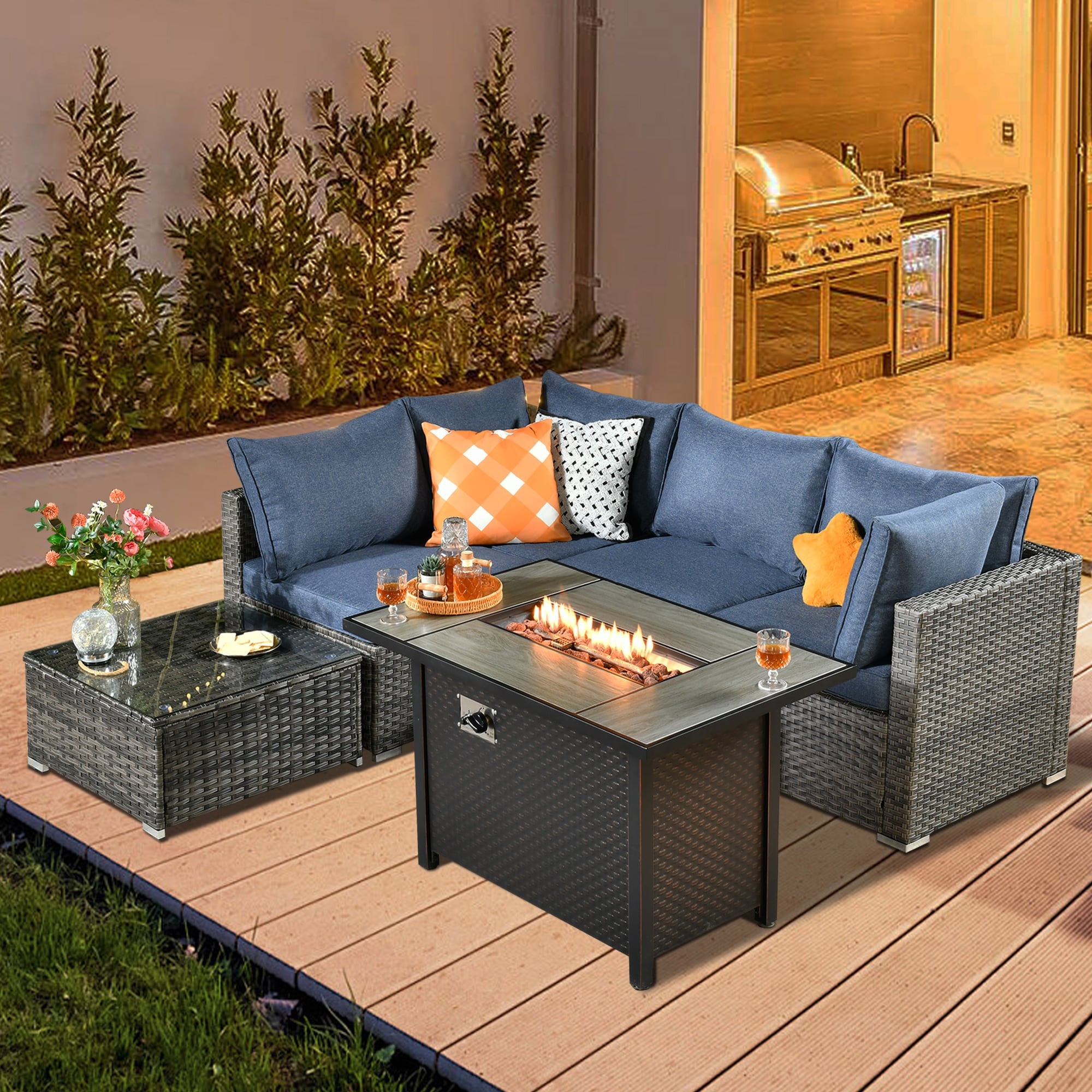 Ensemble de jardin sectionnel en rotin HOOOWOOO 6 pièces avec table et foyer