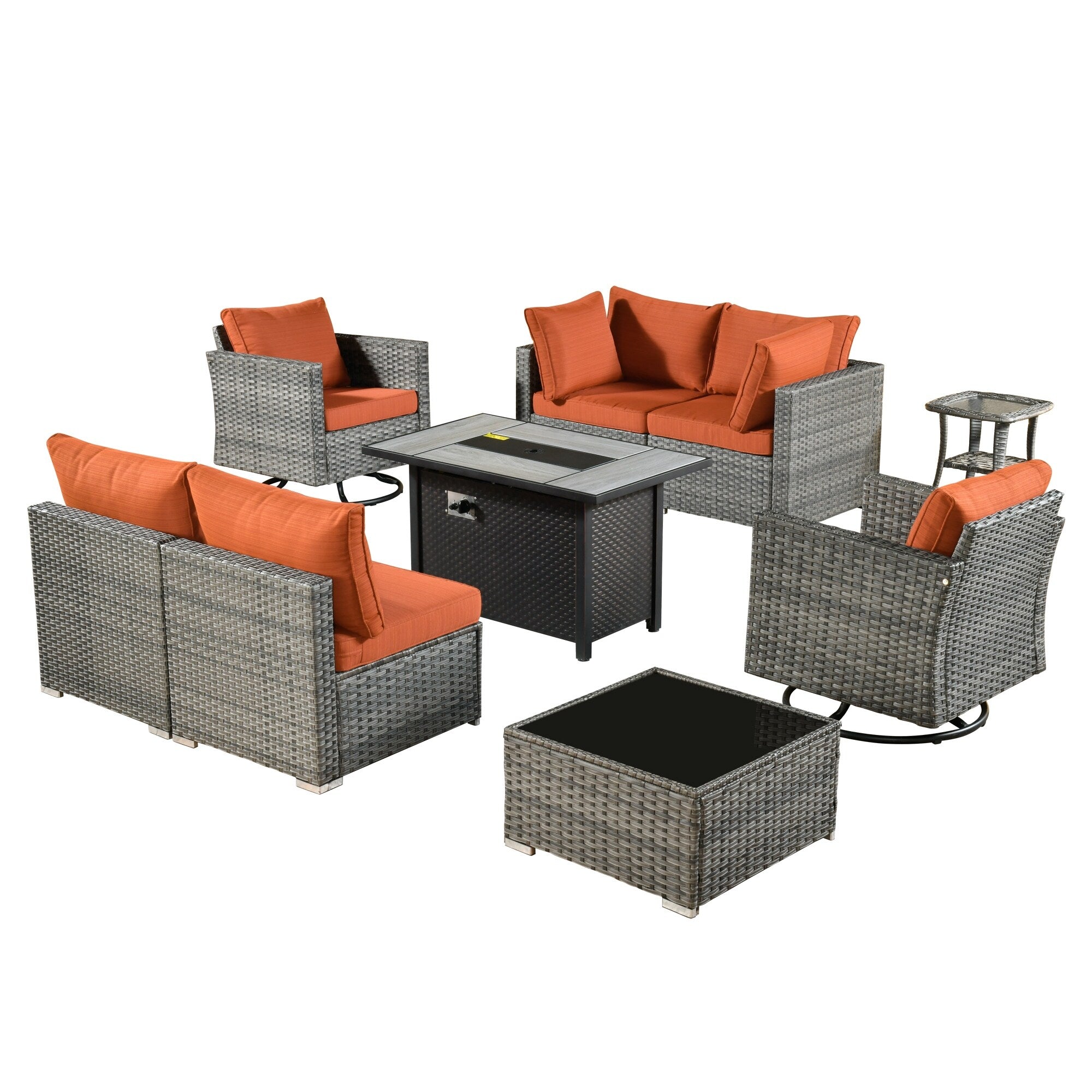 Ensemble de 9 meubles d'extérieur en rotin gris HOOOWOOO avec foyer et chaises pivotantes
