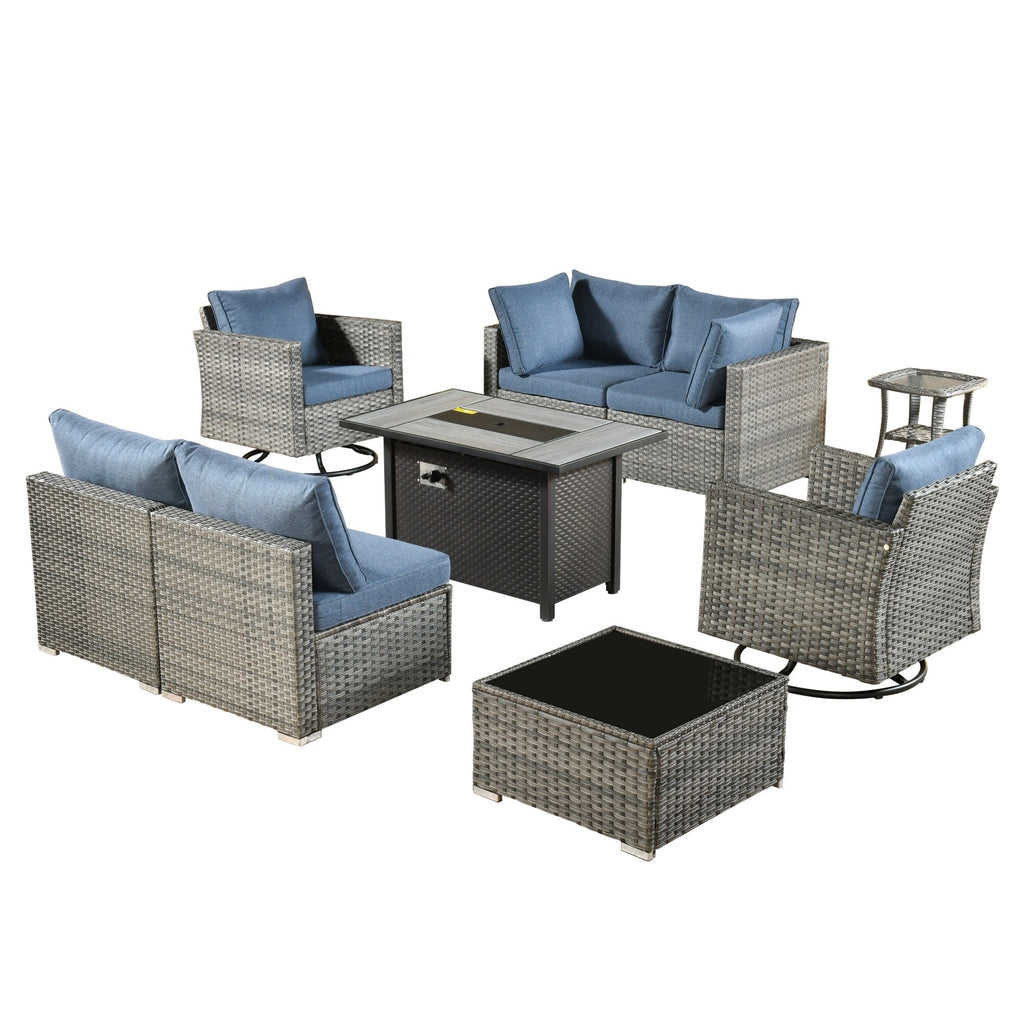 Ensemble de 9 meubles d'extérieur en rotin gris HOOOWOOO avec foyer et chaises pivotantes