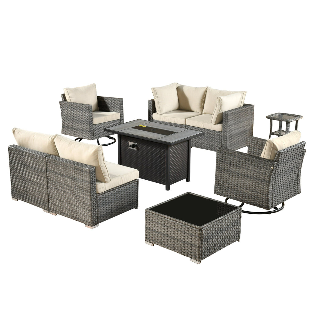 Ensemble de 9 meubles d'extérieur en rotin gris HOOOWOOO avec foyer et chaises pivotantes