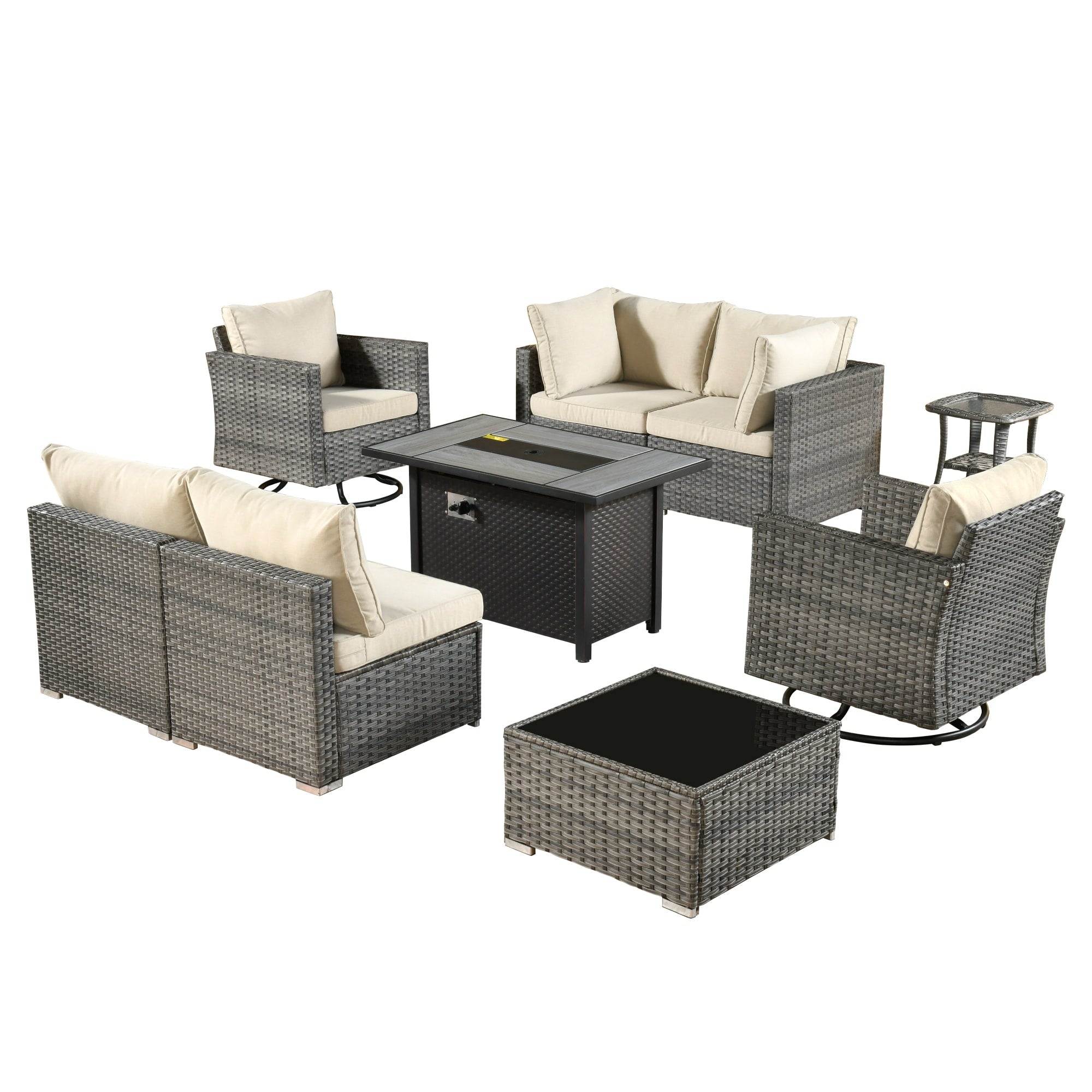 Ensemble de 9 meubles d'extérieur en rotin gris HOOOWOOO avec foyer et chaises pivotantes