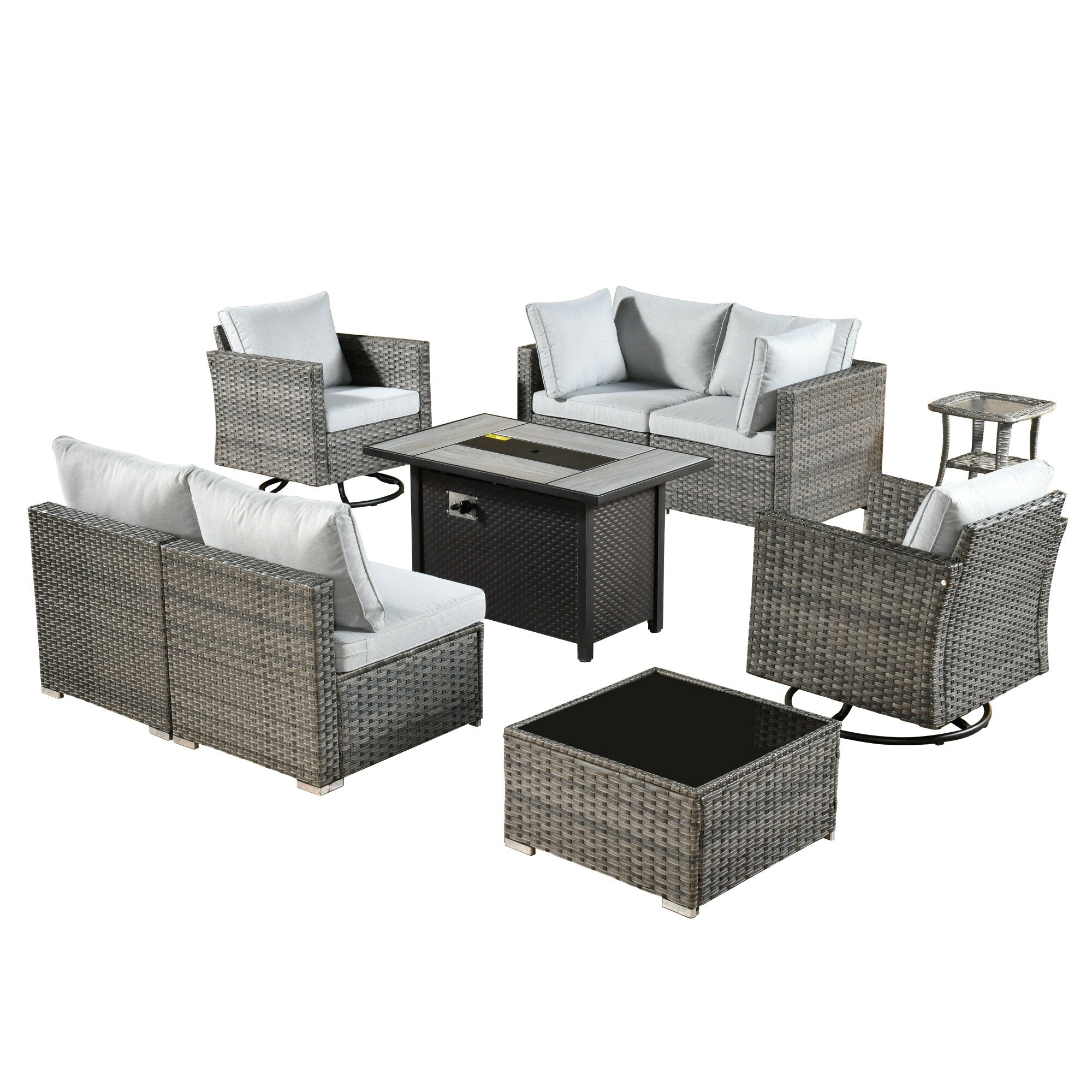 Ensemble de 9 meubles d'extérieur en rotin gris HOOOWOOO avec foyer et chaises pivotantes