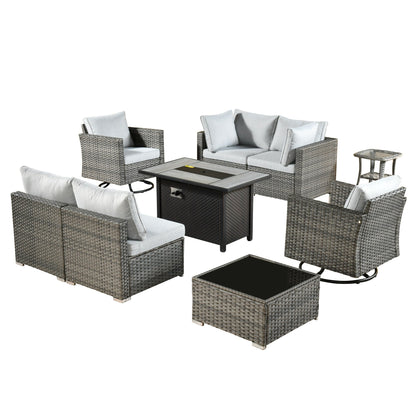 Ensemble de 9 meubles d'extérieur en rotin gris HOOOWOOO avec foyer et chaises pivotantes