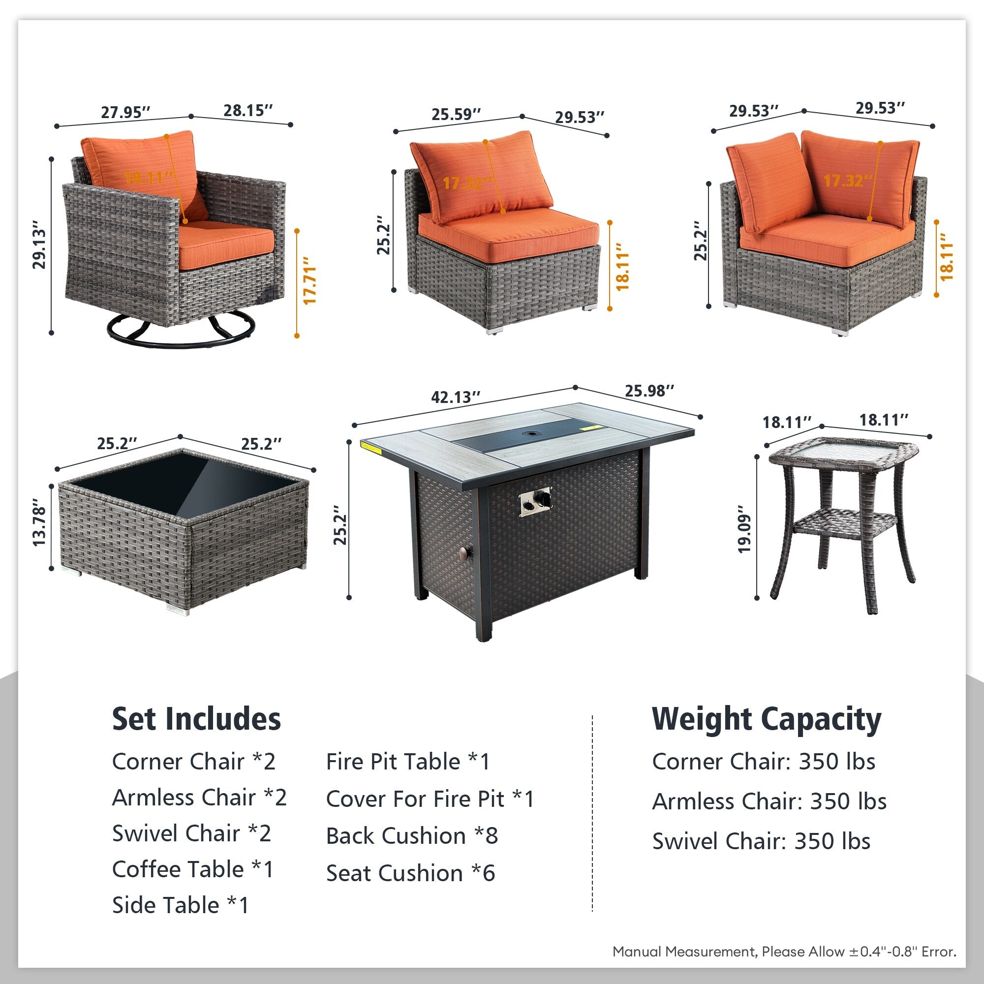 Ensemble de 9 meubles d'extérieur en rotin gris HOOOWOOO avec foyer et chaises pivotantes