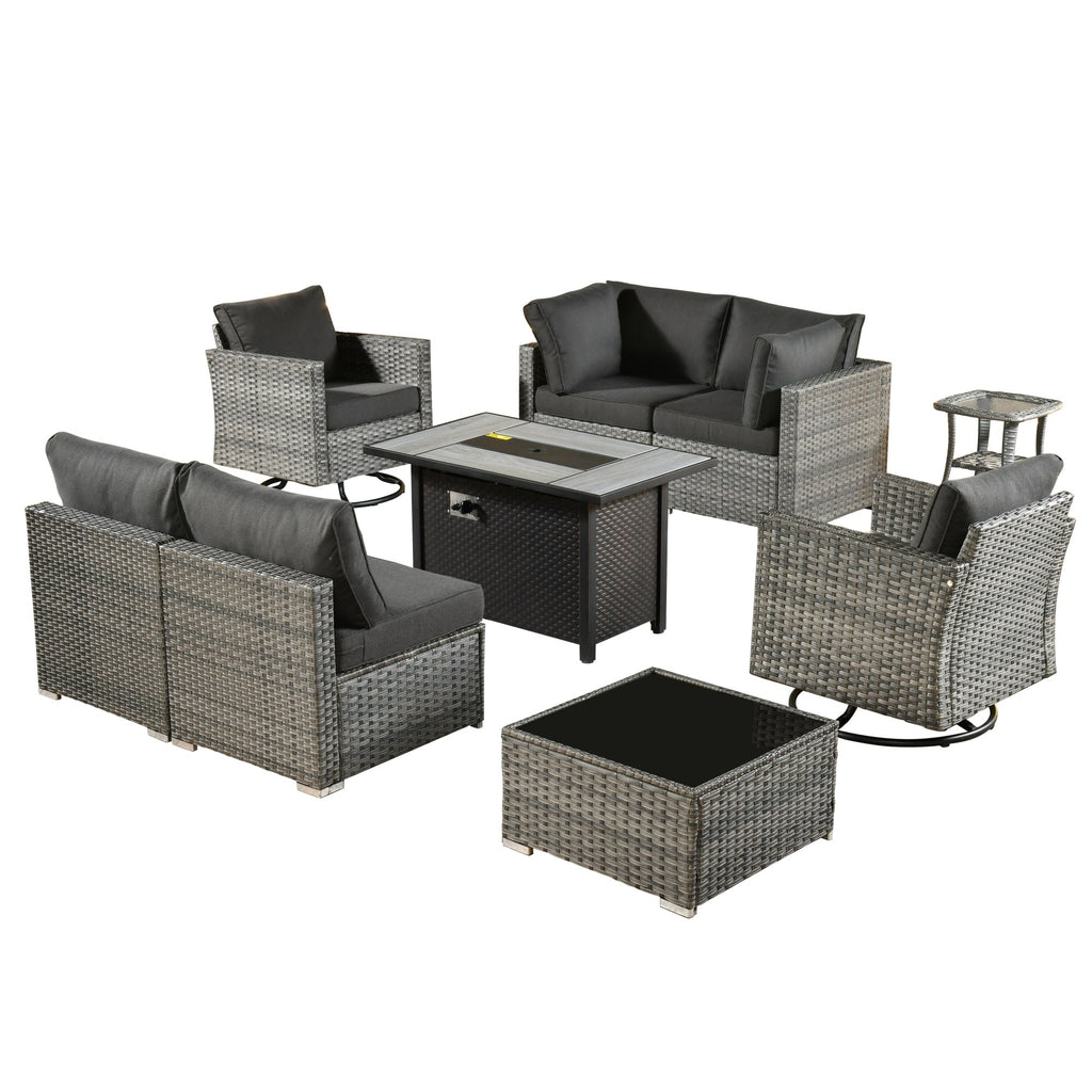Ensemble de 9 meubles d'extérieur en rotin gris HOOOWOOO avec foyer et chaises pivotantes