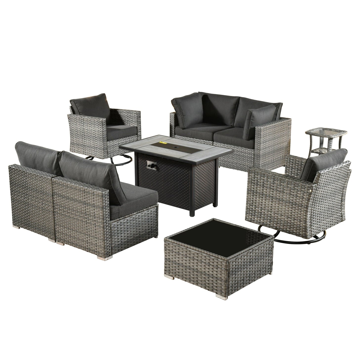 Ensemble de 9 meubles d'extérieur en rotin gris HOOOWOOO avec foyer et chaises pivotantes