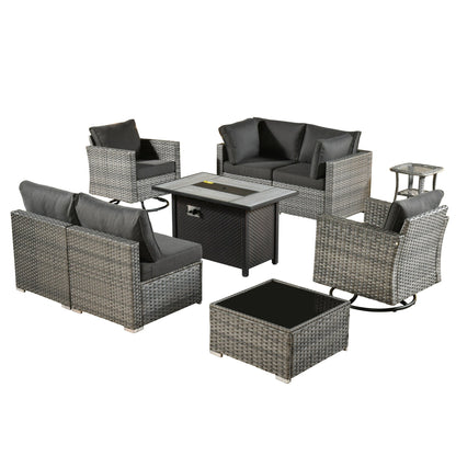 Ensemble de 9 meubles d'extérieur en rotin gris HOOOWOOO avec foyer et chaises pivotantes