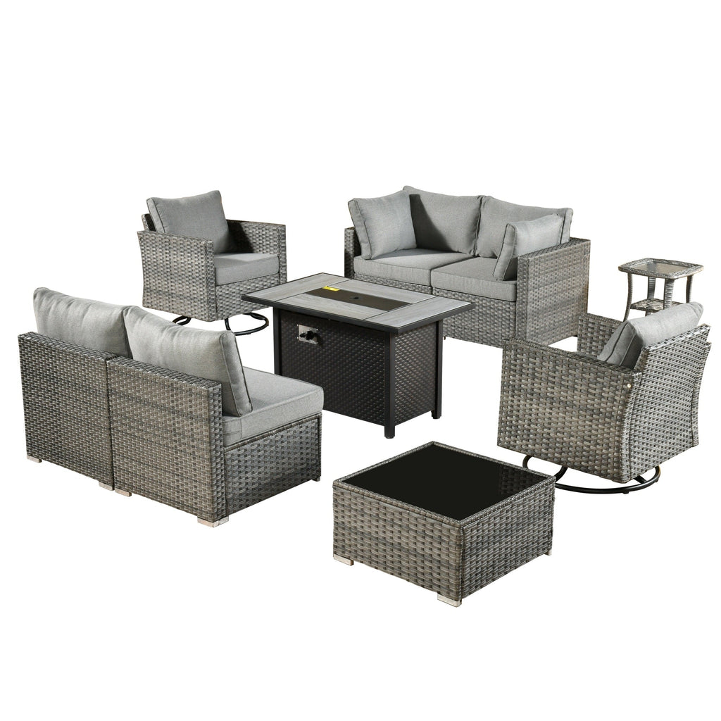 Ensemble de 9 meubles d'extérieur en rotin gris HOOOWOOO avec foyer et chaises pivotantes