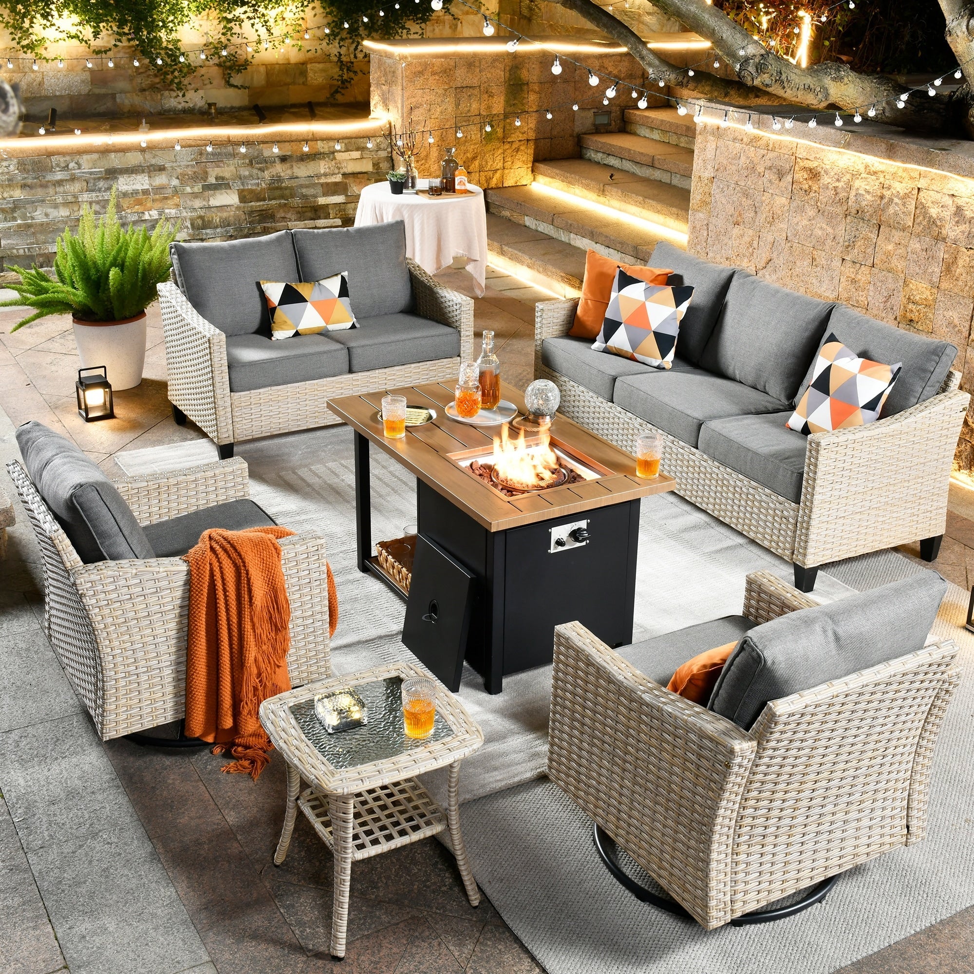 Ensemble de 6 meubles de jardin en osier HOOOWOOO avec foyer et chaise berçante pivotante