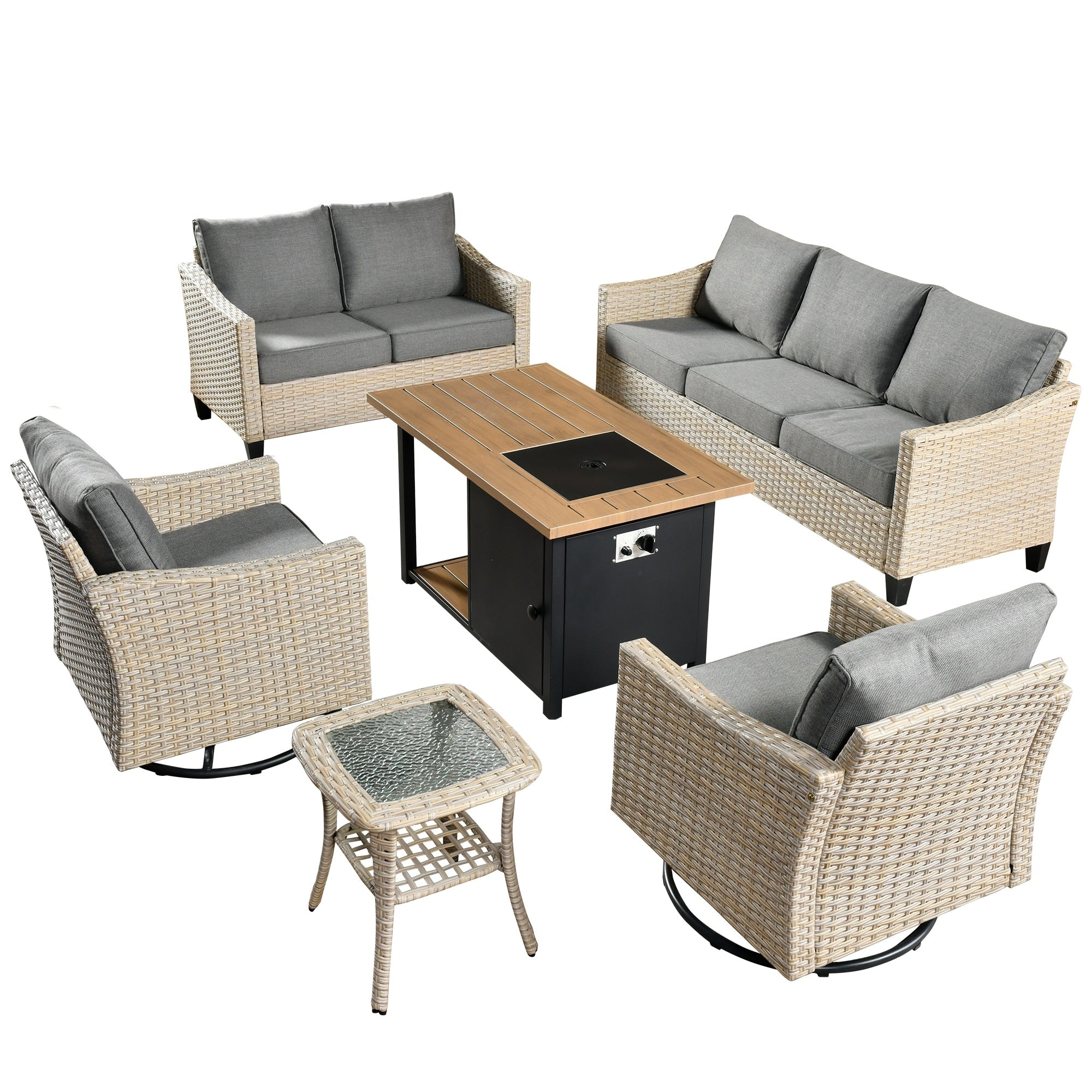 Ensemble de 6 meubles de jardin en osier HOOOWOOO avec foyer et chaise berçante pivotante