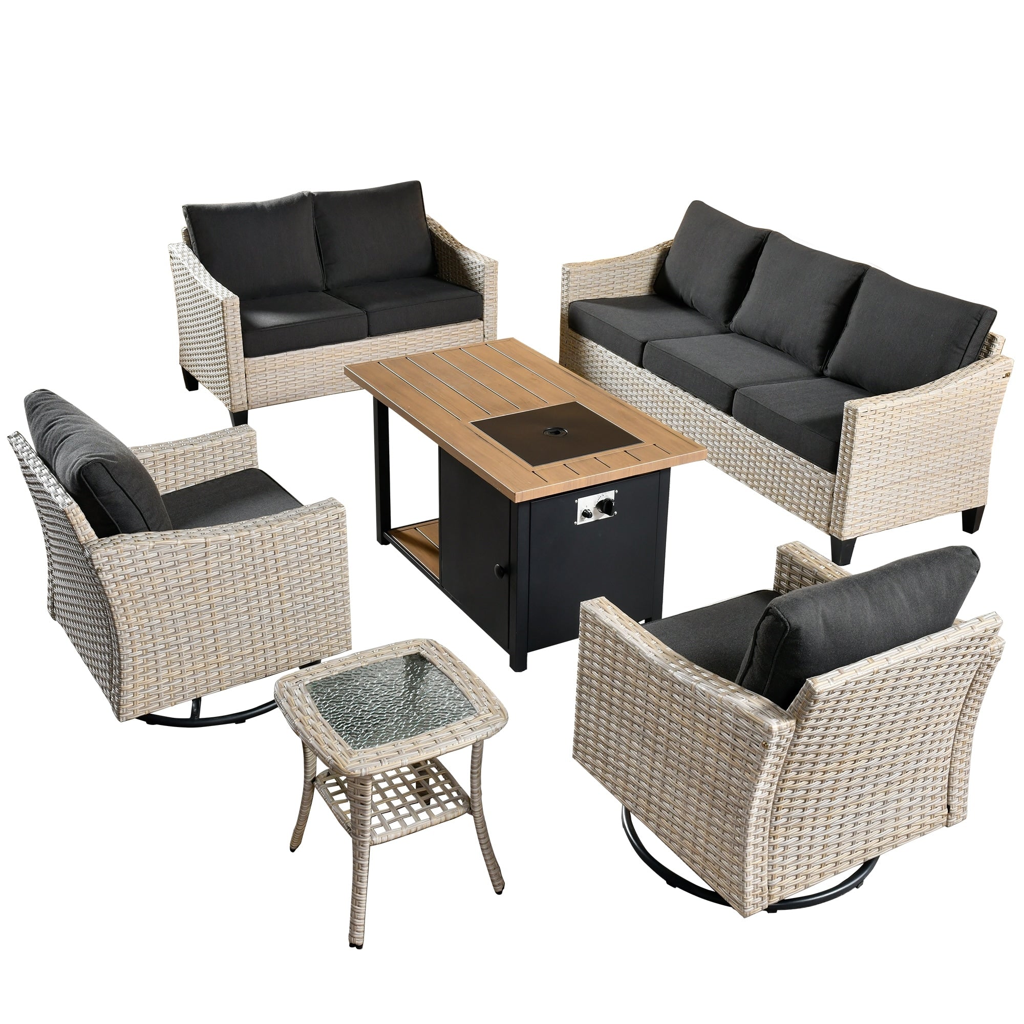 Ensemble de 6 meubles de jardin en osier HOOOWOOO avec foyer et chaise berçante pivotante