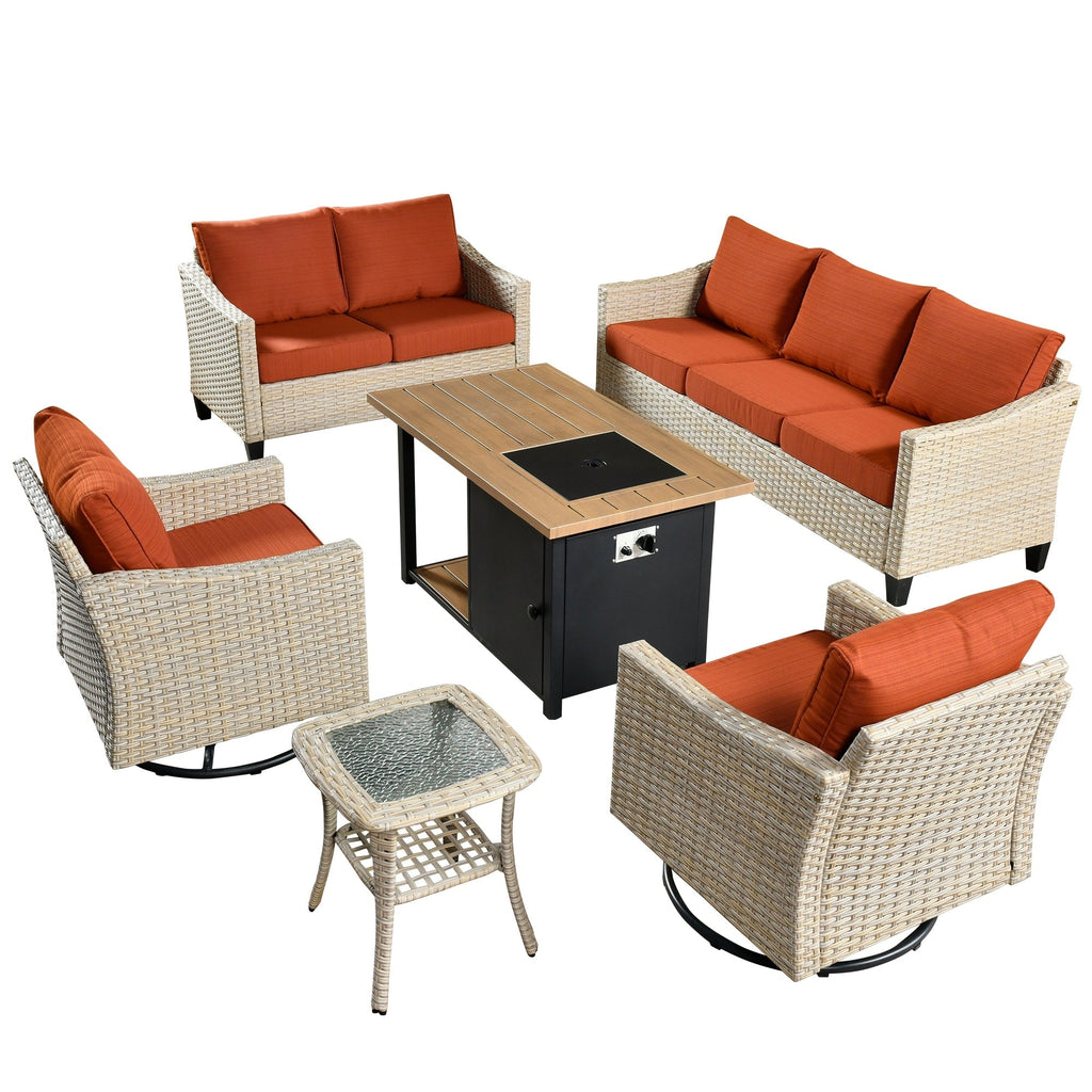 Ensemble de 6 meubles de jardin en osier HOOOWOOO avec foyer et chaise berçante pivotante