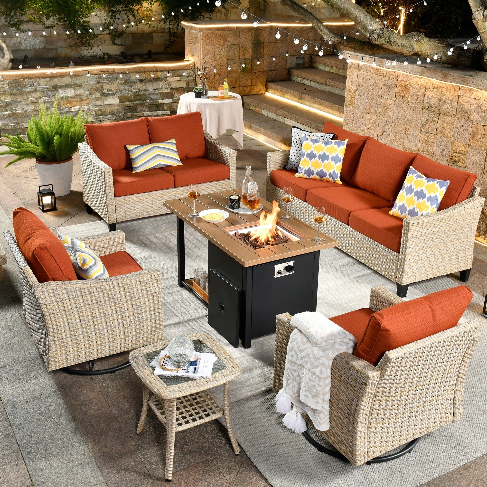 Ensemble de 6 meubles de jardin en osier HOOOWOOO avec foyer et chaise berçante pivotante