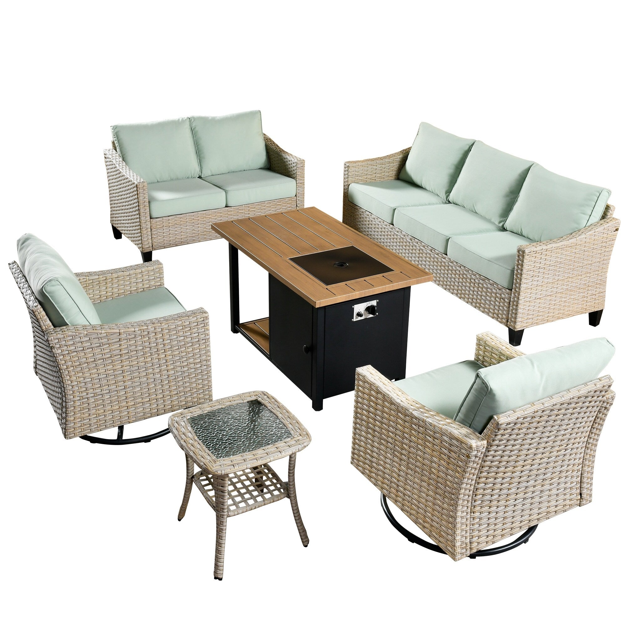 Ensemble de 6 meubles de jardin en osier HOOOWOOO avec foyer et chaise berçante pivotante