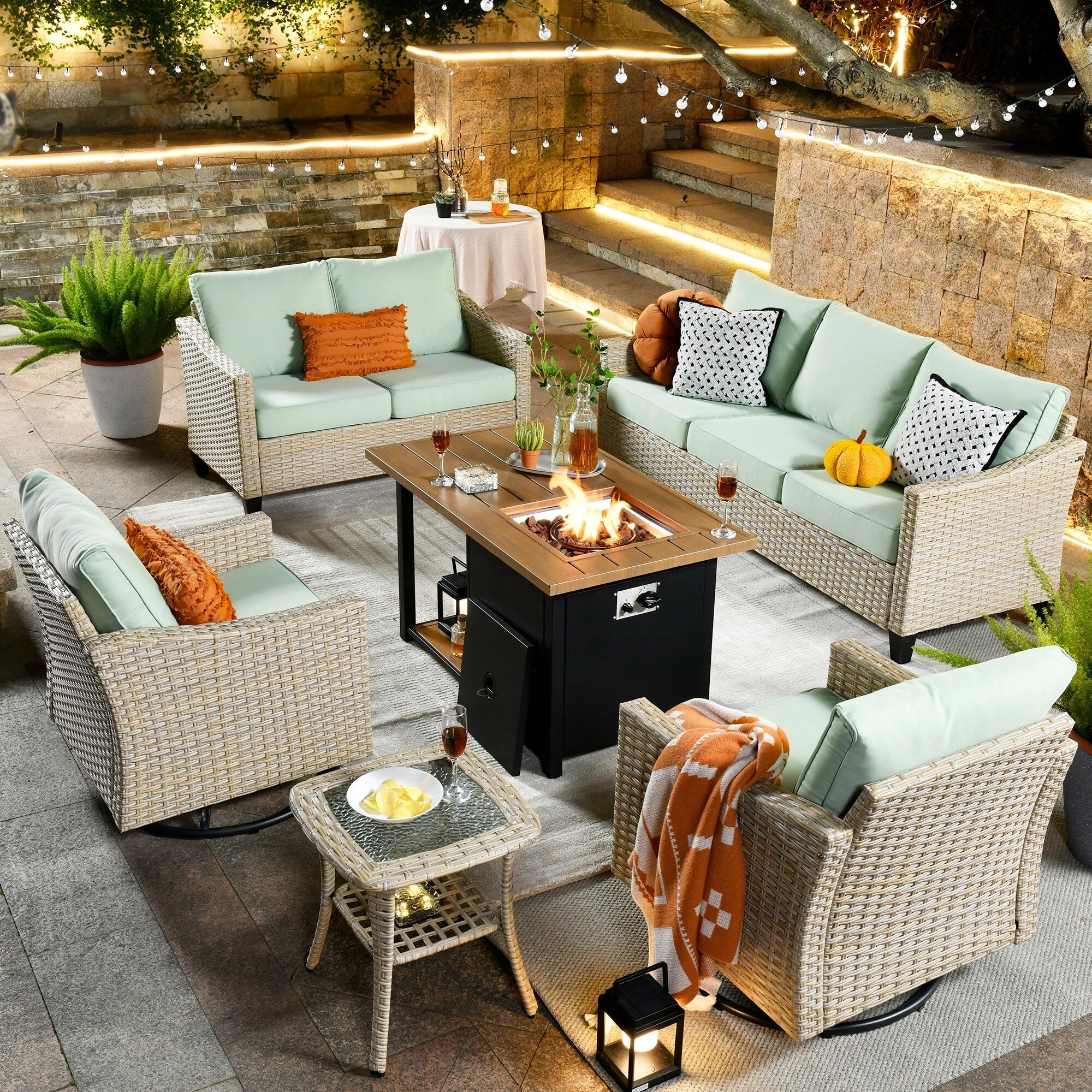 Ensemble de 6 meubles de jardin en osier HOOOWOOO avec foyer et chaise berçante pivotante
