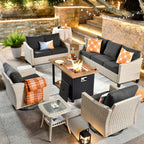 Ensemble de 6 meubles de jardin en osier HOOOWOOO avec foyer et chaise berçante pivotante