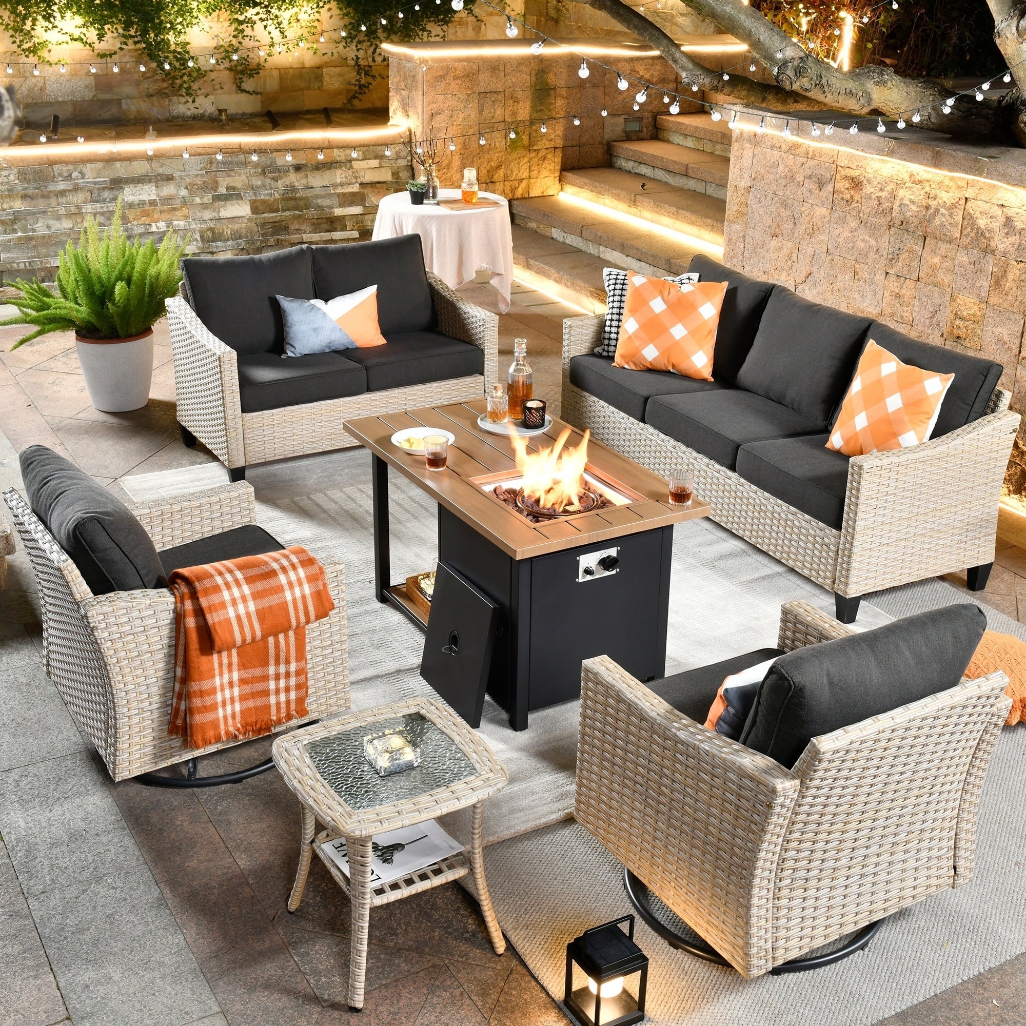 Ensemble de 6 meubles de jardin en osier HOOOWOOO avec foyer et chaise berçante pivotante