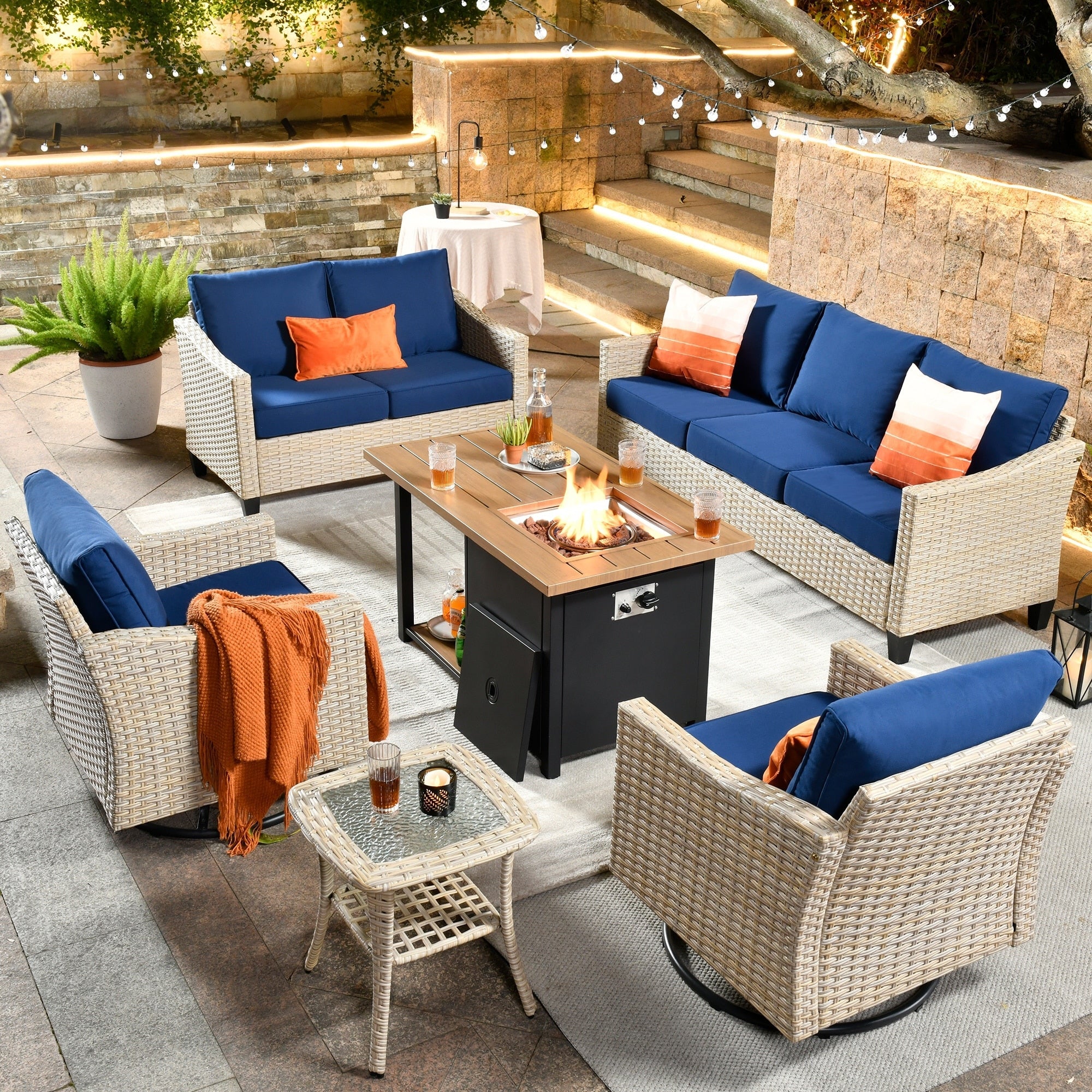 Ensemble de 6 meubles de jardin en osier HOOOWOOO avec foyer et chaise berçante pivotante