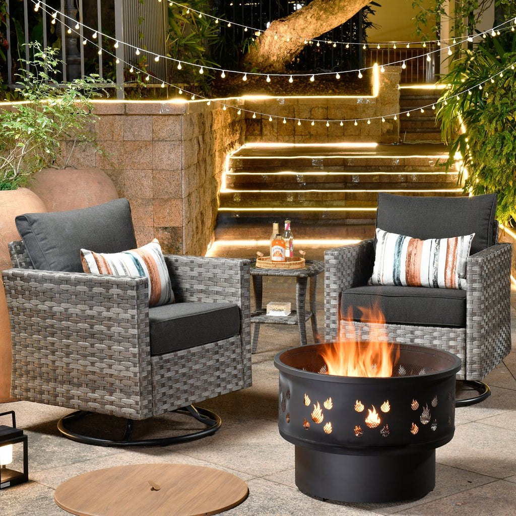 Ensemble de 4 chaises pivotantes en osier avec foyer à bois HOOOWOOO