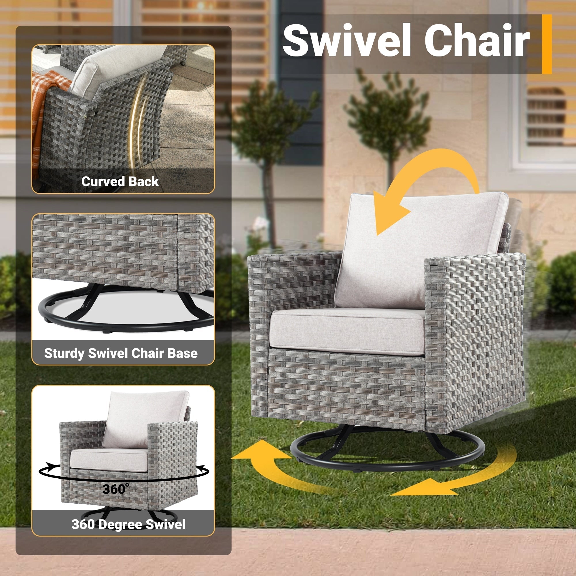 Ensemble de 4 chaises pivotantes en osier avec foyer à bois HOOOWOOO